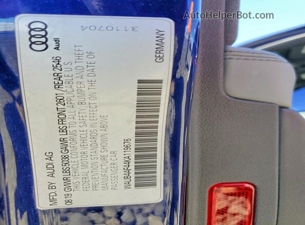 WAUB4AF44KA119676 2019 AUDI S4 Blue Вид підкапотного простору