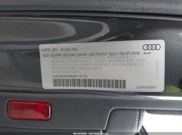 WAUB4AF48MA012178 2021 AUDI S4 Gray ძრავის განყოფილების ხედი