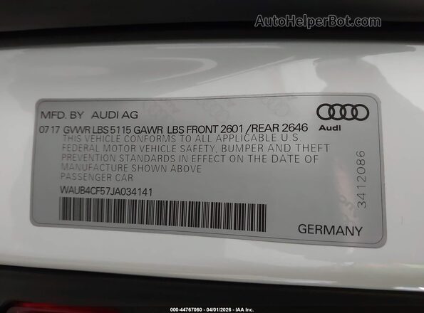 WAUB4CF57JA034141 2018 AUDI S5 White Вид підкапотного простору