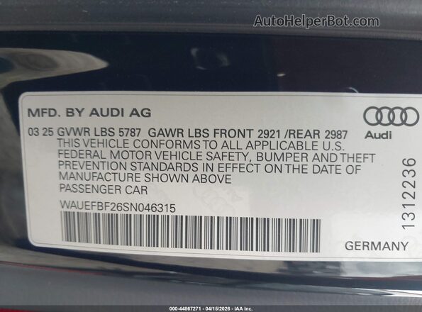 WAUEFBF26SN046315 2025 AUDI S6 Black Вид підкапотного простору