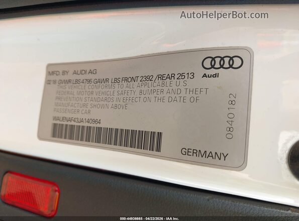 WAUENAF43JA140964 2018 AUDI OTHER White Vista del compartimento del motor