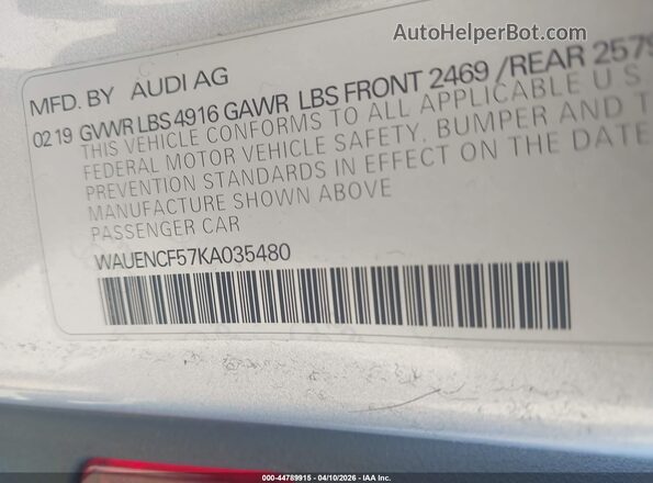 WAUENCF57KA035480 2019 AUDI OTHER Silver Вид підкапотного простору
