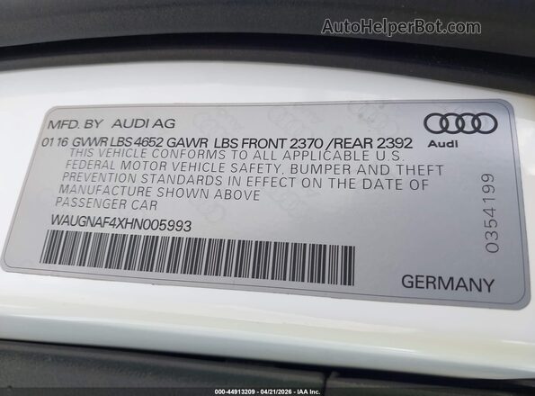 WAUGNAF4XHN005993 2017 AUDI OTHER Белый Вид подкапотного пространства