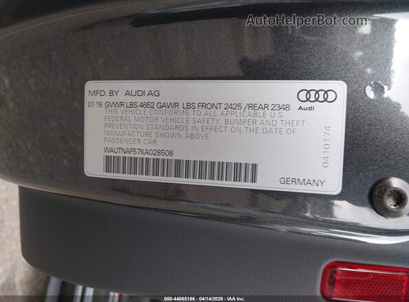 WAUTNAF57KA028508 2019 AUDI OTHER Gray Вид підкапотного простору