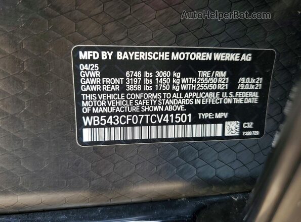 WB543CF07TCV41501 2026 BMW IX Blue VIN კოდის სტიკერის ხედი