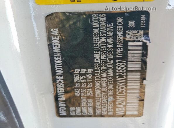 WBA2N1C55KVC28587 2019 BMW M2 White Vista de la etiqueta del VIN