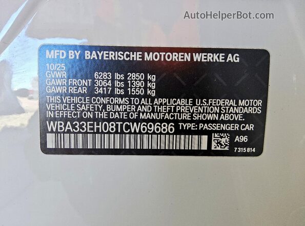 WBA33EH08TCW69686 2026 BMW OTHER White Vista de la etiqueta del VIN