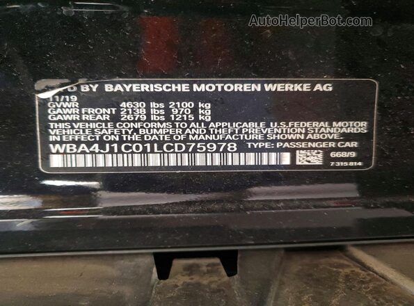 WBA4J1C01LCD75978 2020 BMW OTHER Black Widok naklejki z numerem VIN