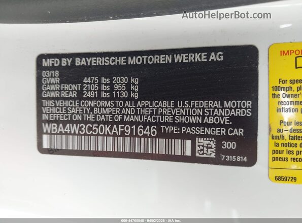WBA4W3C50KAF91646 2019 BMW OTHER Белый Вид подкапотного пространства
