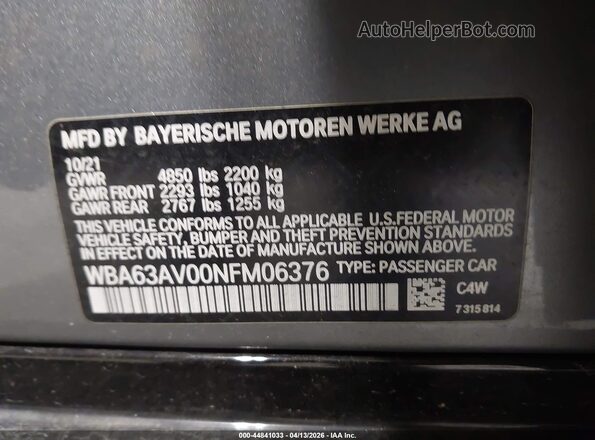 WBA63AV00NFM06376 2022 BMW OTHER Gray Շարժիչի բաժամունքի տեսք