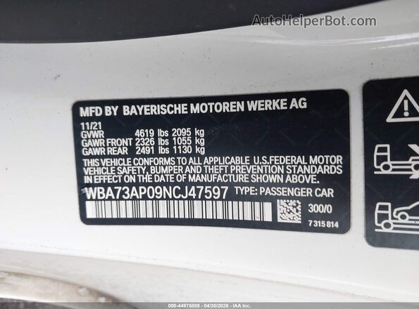 WBA73AP09NCJ47597 2022 BMW OTHER Белый Вид подкапотного пространства