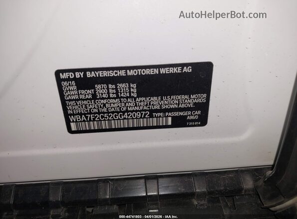 WBA7F2C52GG420972 2016 BMW OTHER Белый Вид подкапотного пространства