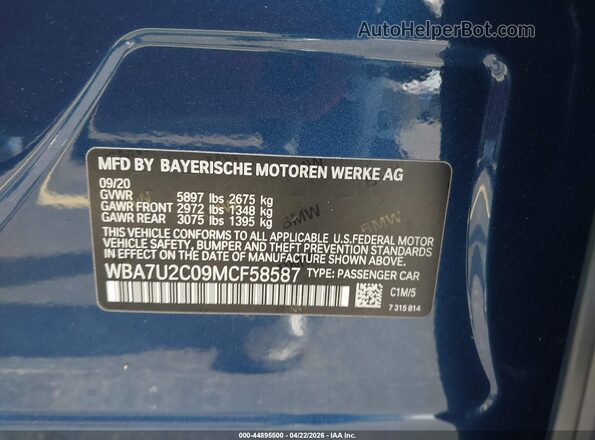 WBA7U2C09MCF58587 2021 BMW OTHER Blue Vista del compartimento del motor