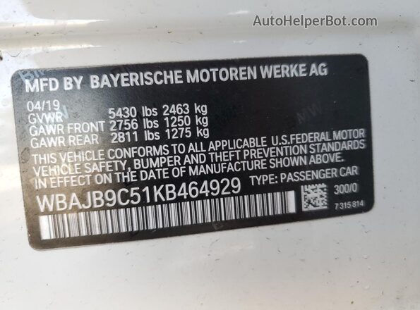 WBAJB9C51KB464929 2019 BMW M5 White Engine compartment view