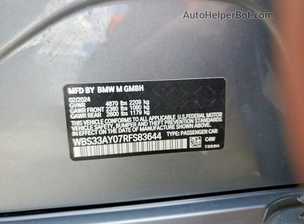 WBS33AY07RFS83644 2024 BMW M3 Gray Вид наклейки з VIN-кодом
