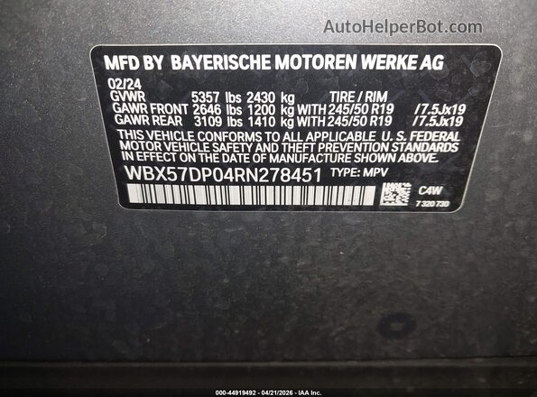 WBX57DP04RN278451 2024 BMW X3 Серый Вид подкапотного пространства