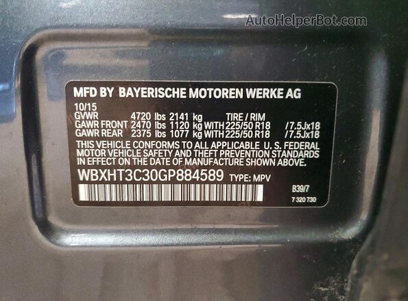 WBXHT3C30GP884589 2016 BMW X1 Gray VIN კოდის სტიკერის ხედი