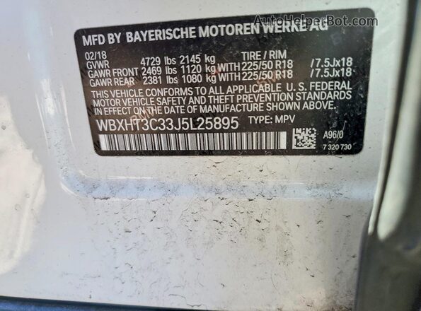 WBXHT3C33J5L25895 2018 BMW X1 White Вид підкапотного простору