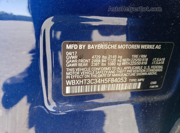 WBXHT3C34H5F84053 2017 BMW X1 Blue Vista de la etiqueta del VIN