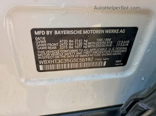 WBXHT3C35G5E56192 2016 BMW X1 White Widok naklejki z numerem VIN