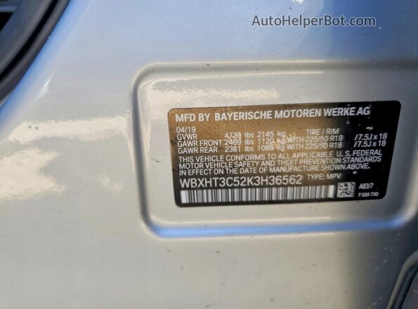 WBXHT3C52K3H36562 2019 BMW X1 Серебряный Вид наклейки с VIN-кодом
