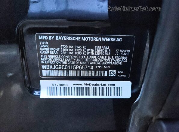 WBXJG9C01L5P65714 2020 BMW X1 Black VIN კოდის სტიკერის ხედი