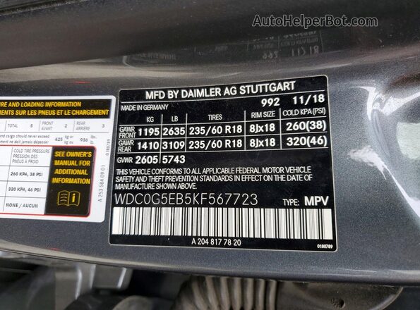 WDC0G5EB5KF567723 2019 MERCEDES-BENZ GLC-CLASS Gray Widok naklejki z numerem VIN
