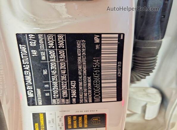 WDC0G6EB6KF615641 2019 MERCEDES-BENZ GLC-CLASS White Вид наклейки з VIN-кодом
