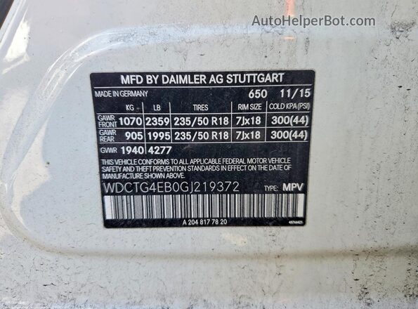 WDCTG4EB0GJ219372 2016 MERCEDES-BENZ GLA White Widok naklejki z numerem VIN