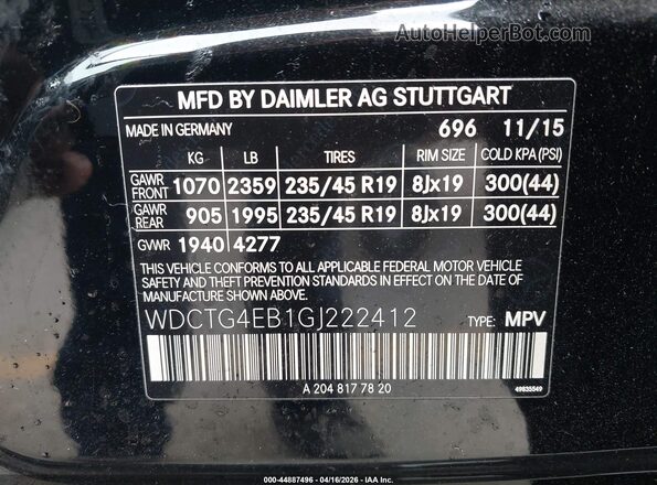 WDCTG4EB1GJ222412 2016 MERCEDES-BENZ GLA 250 Black Вид підкапотного простору