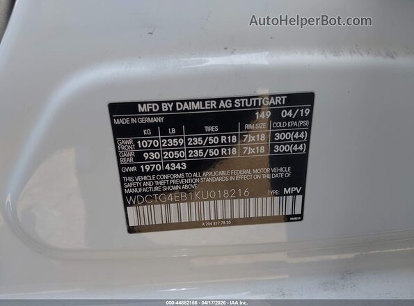WDCTG4EB1KU018216 2019 MERCEDES-BENZ GLA 250 White Вид підкапотного простору