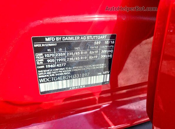 WDCTG4EB2HJ331897 2017 MERCEDES-BENZ GLA Red Панорамний вид салону 360°