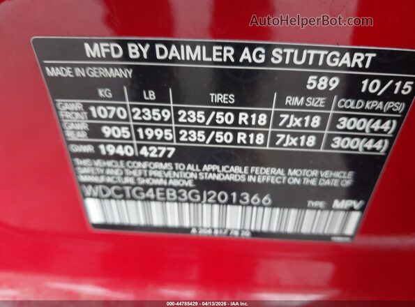 WDCTG4EB3GJ201366 2016 MERCEDES-BENZ GLA 250 Red Вид підкапотного простору