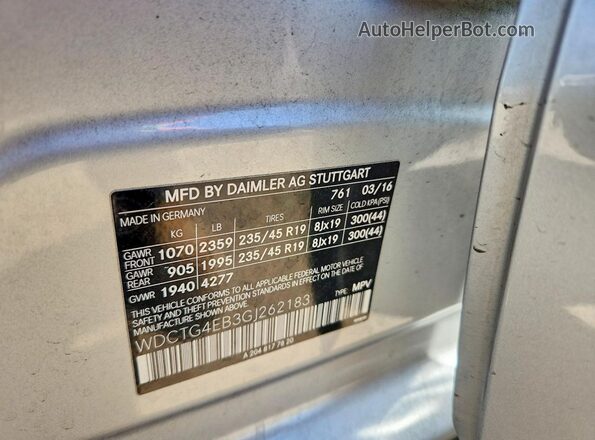 WDCTG4EB3GJ262183 2016 MERCEDES-BENZ GLA Silver VIN կոդի պիտակի տեսք