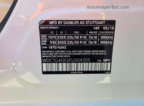 WDCTG4EB3KU004205 2019 MERCEDES-BENZ GLA Белый Вид наклейки с VIN-кодом