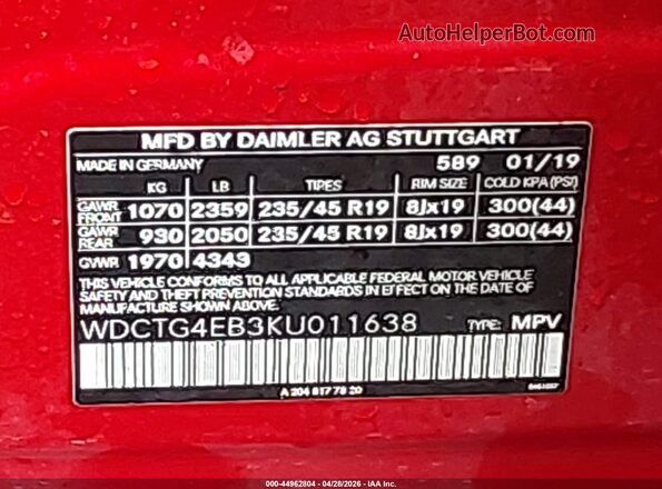 WDCTG4EB3KU011638 2019 MERCEDES-BENZ GLA 250 Red Vista del compartimento del motor