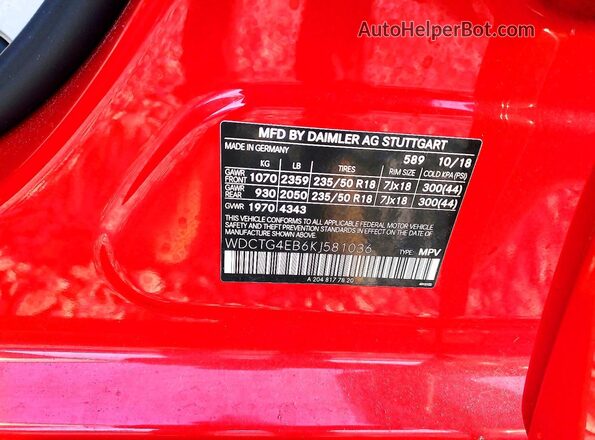 WDCTG4EB6KJ581036 2019 MERCEDES-BENZ GLA Red Շարժիչի բաժամունքի տեսք
