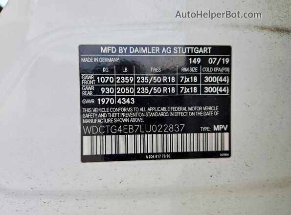 WDCTG4EB7LU022837 2020 MERCEDES-BENZ GLA White VIN sticker view