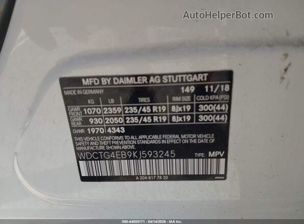 WDCTG4EB9KJ593245 2019 MERCEDES-BENZ GLA 250 White Շարժիչի բաժամունքի տեսք
