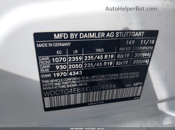 WDCTG4EBXKU009594 2019 MERCEDES-BENZ GLA 250 Белый Вид подкапотного пространства