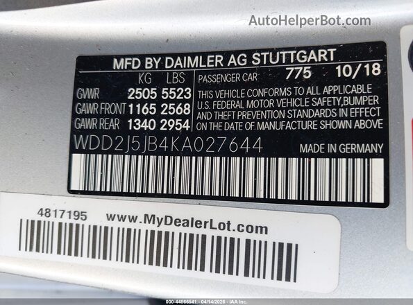 WDD2J5JB4KA027644 2019 MERCEDES-BENZ CLS-CLASS Silver Вид підкапотного простору