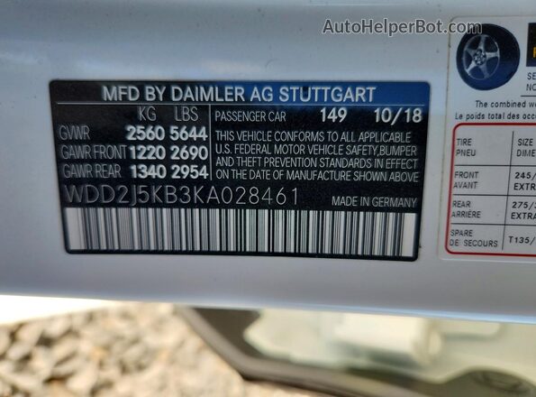 WDD2J5KB3KA028461 2019 MERCEDES-BENZ CLS-CLASS White Widok naklejki z numerem VIN