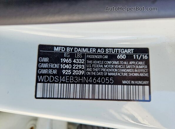 WDDSJ4EB3HN464055 2017 MERCEDES-BENZ CLA-CLASS White VIN კოდის სტიკერის ხედი