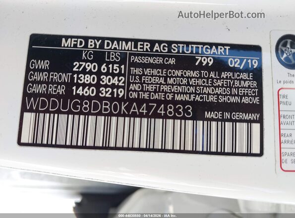 WDDUG8DB0KA474833 2019 MERCEDES-BENZ S-CLASS White Widok komory silnika