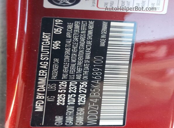 WDDZF4JB5KA689100 2019 MERCEDES-BENZ E Красный Вид наклейки с VIN-кодом