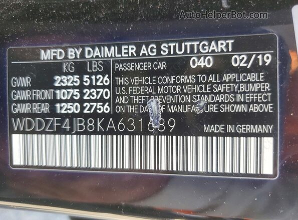 WDDZF4JB8KA631689 2019 MERCEDES-BENZ E Black VIN კოდის სტიკერის ხედი