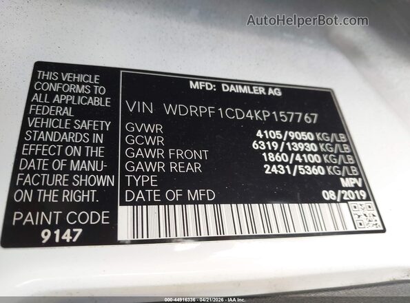 WDRPF1CD4KP157767 2019 FREIGHTLINER SPRINTER 2500 White Вид підкапотного простору