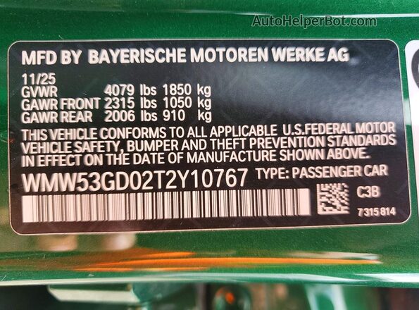 WMW53GD02T2Y10767 2026 MINI COOPER Green Widok naklejki z numerem VIN