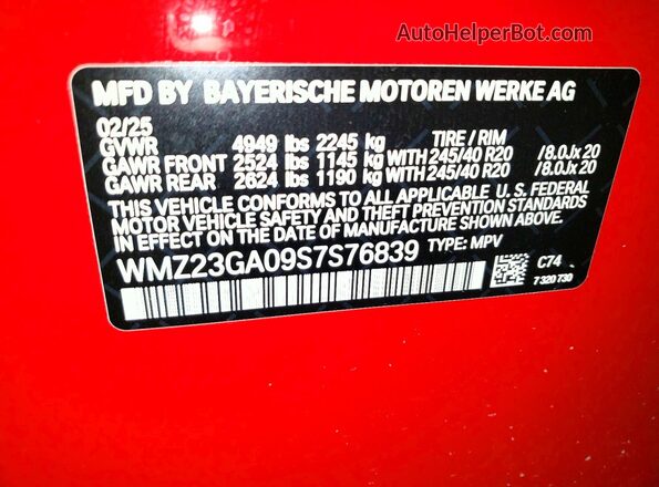 WMZ23GA09S7S76839 2025 MINI COUNTRYMAN Красный Вид наклейки с VIN-кодом