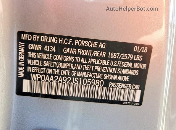 WP0AA2A92JS105980 2018 PORSCHE 911 Silver Widok naklejki z numerem VIN
